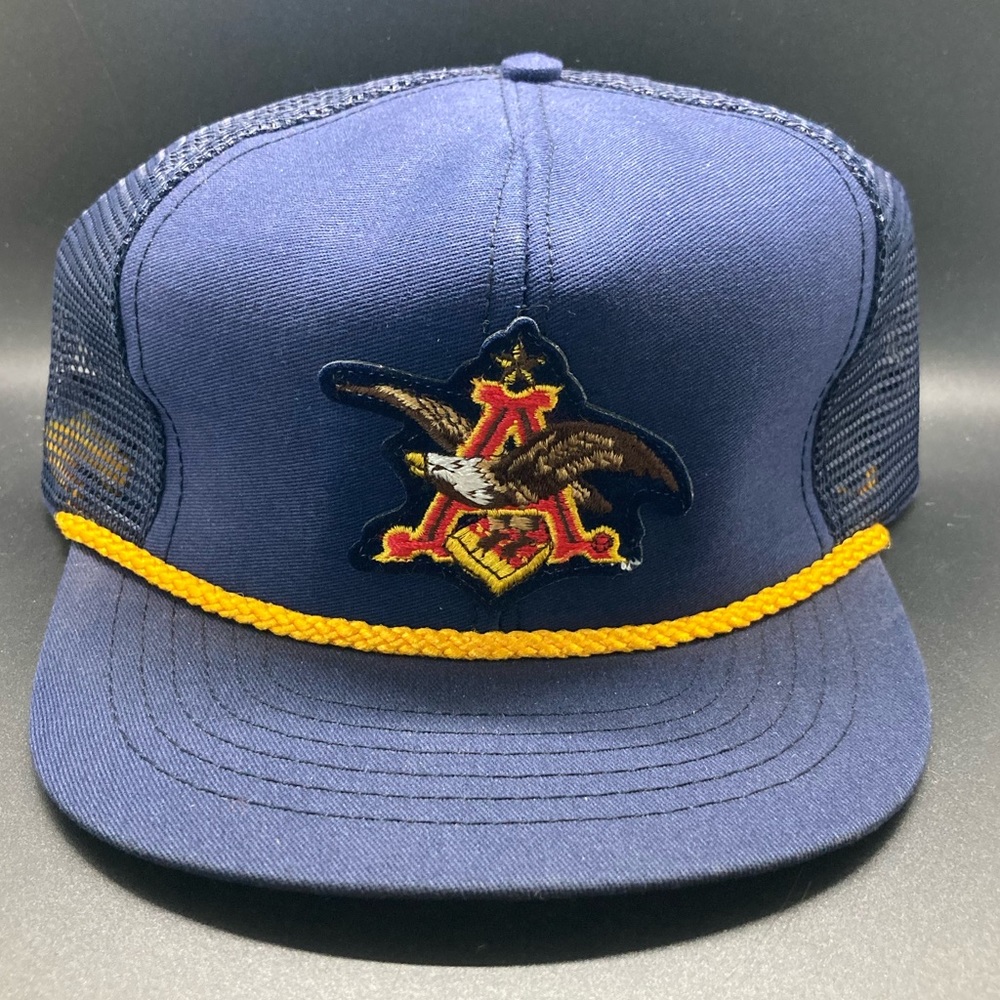 Vintage 90s Patch Logo Anheuser-Busch Budweiser Snap Back Hat Blue W/ Rope